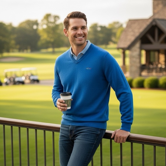 Greg Norman Blue V-Neck Cotton Sweater Men’s Small Lightweight Golf Pullover - Picture 1 of 13